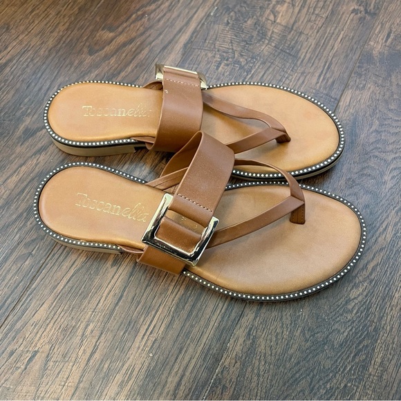 toscanella Shoes - Toscanella Brown Leather Gold Buckle Thong Sandals Womens 8